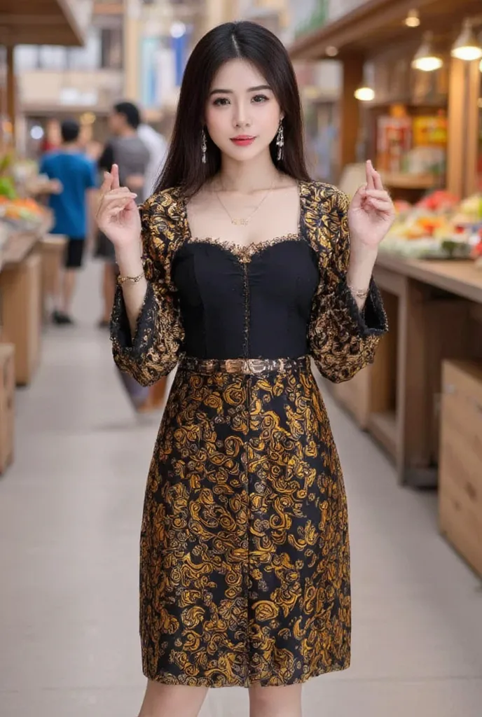  latar belakang gadis cantik ,slightly chubby with black earrings dan black necklace, rambut pendek , small smile, wearing gold and black clothes.standing enjoy on front market place