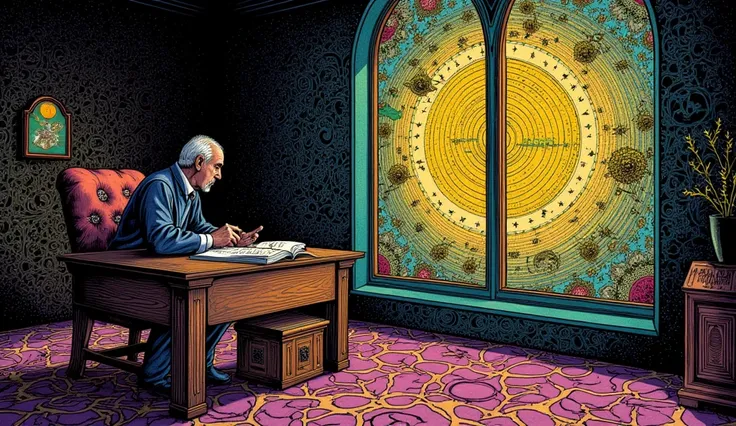 A serene scene of a contemplative scholar sitting at a wooden desk, gazing out a large window. 
 psychedelic cosmic, oniric, fluid, ethereal,alex gray, Robert crumb, Hiroshi Nagai, paul laffoley, Magnificent, mystical,,
 psychedelic illustration,  alchemy ...