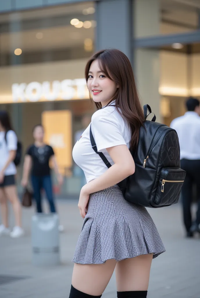 A Korean woman posing outside a shopping mall, wearing a very short pleated check skirt, big smile, carrying Chanel backpack , wearing a diamond ring, slim with huge breast, white skintight tee shirt，from behind, black long socks