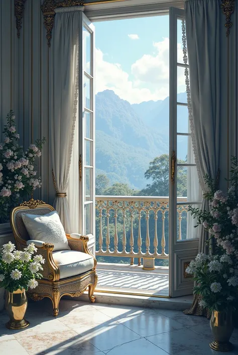 Small balcony, no people, fancy, rich, elegant, rich blue gray and white, flowers, old money, small balcony 