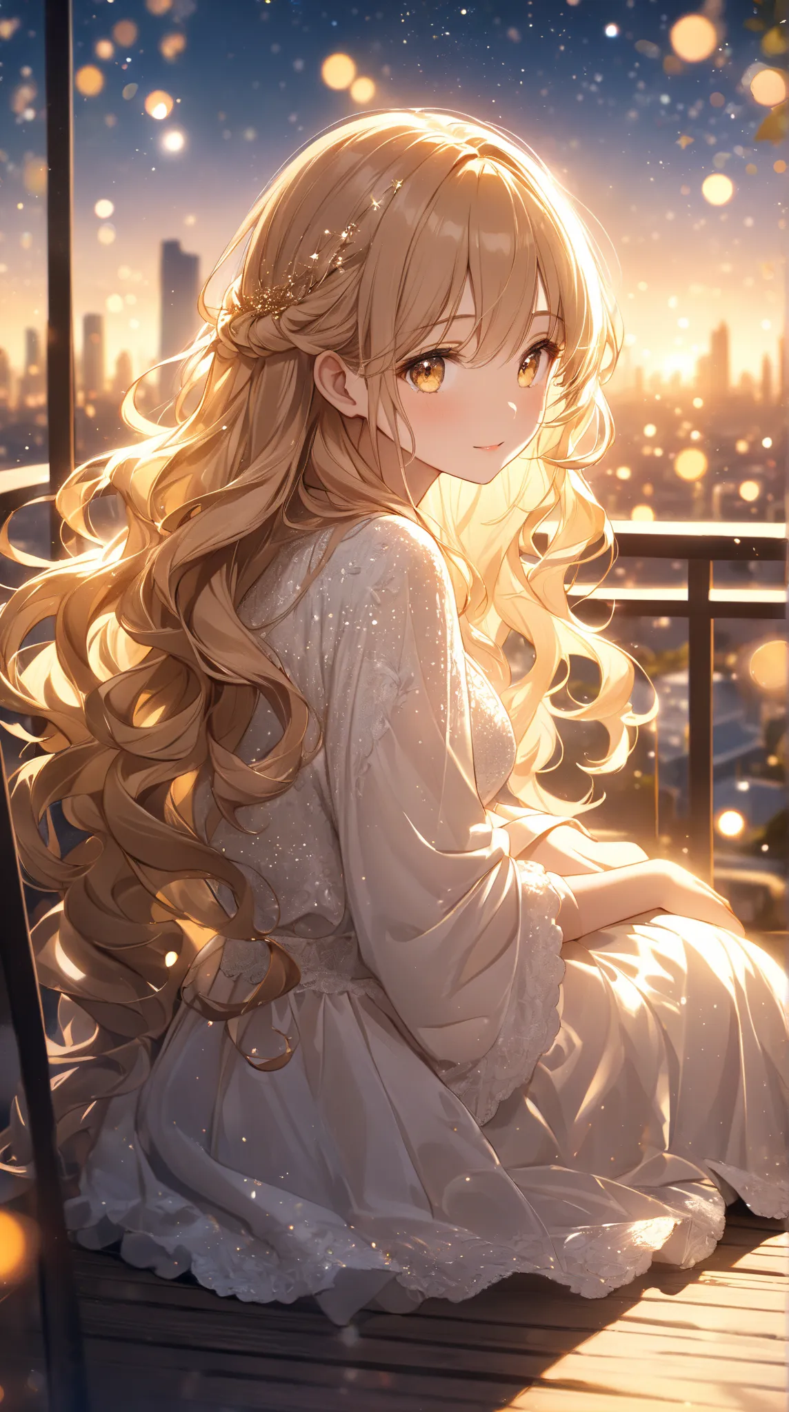 A dreamy girl with long, wavy hair illuminated by sunlight, sitting on a terrace with a soft, glowing atmosphere. Her hair sparkles as if sprinkled with stardust, and she appears to be a celestial being. The background has a blurred cityscape with warm, go...