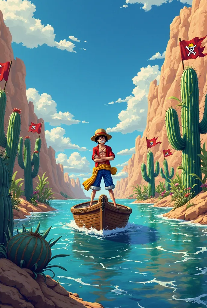 Luffy on a boat with the flag written on cacti