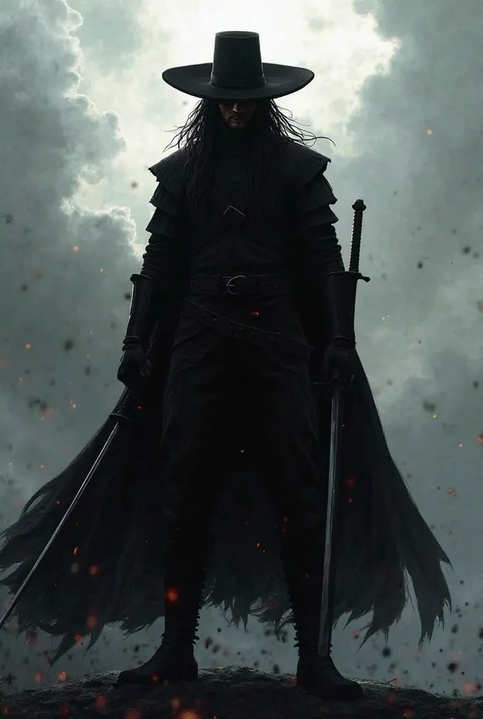 I want a picture of Zorro from Nabees in the same style. He has a black shadow and the background is clouds. He will be standing in a strong position and his swords are clear. . The colors are dark and calm. In order to put it as a background for the mobil...