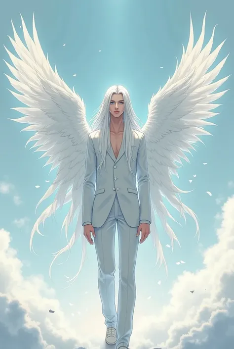 A thin tall man with long white hair, big white broken wings on the back, in a white pantsuit with blue eyes in anime style