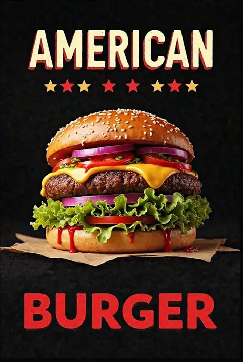  a hamburger . Black background with letters "American burguer" 

pan, Meat 110, queso muzarella,  red onion , sauces, tomato and lettuce.

