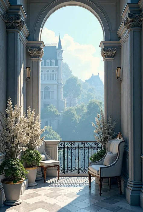 Small balcony, no people, fancy, rich, elegant, rich blue gray and white, flowers, old money, small balcony 