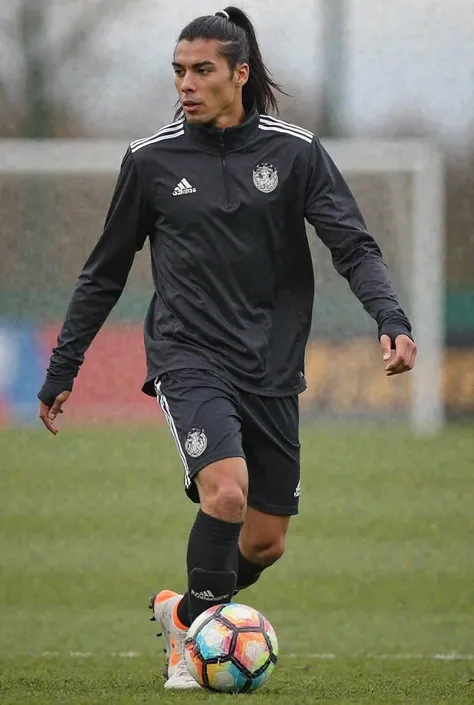 Native American,  man, 23-25 years old, stand in a position to take a soccer ball, in, with long black hair, hair in a light ponytail.  Tall,sortable physique, perfect cheekbones, deep-cut eyes and black eyes.