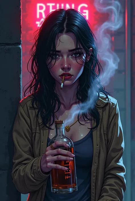 American comic book style、1990s、neon。Alcohol heals me, but、alcohol is not medicine。I mean I'm just an alcoholic。young woman smoking a cigarette in the dark。sweat。and a bottle of whiskey in my hand
