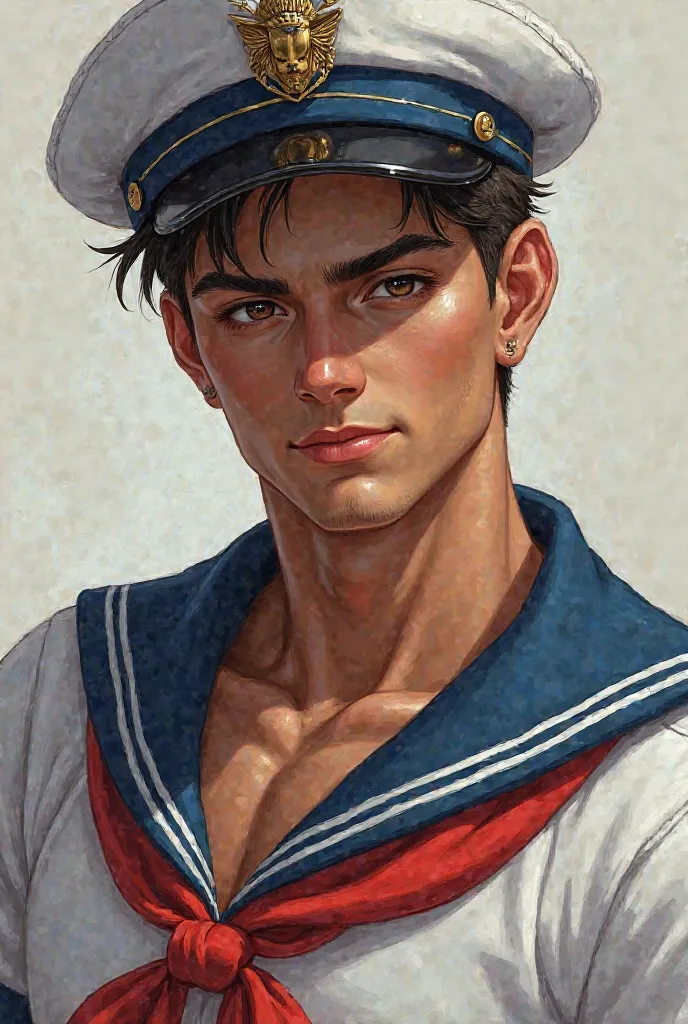 Beautiful sailor smelling,seductive, male background,man,bronze-colored brown eyes, Sailor's clothing, Sailor's hat ,you wear blue white and red,olhar seductive,looking at the camera 