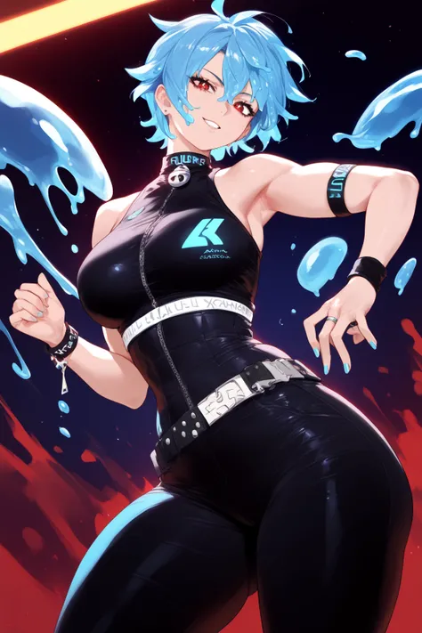 Slime woman, blue skin,Blue skin, blue hair, short hair, red eyes,Black wristband, black bodysuit, black pants ,Anime style 