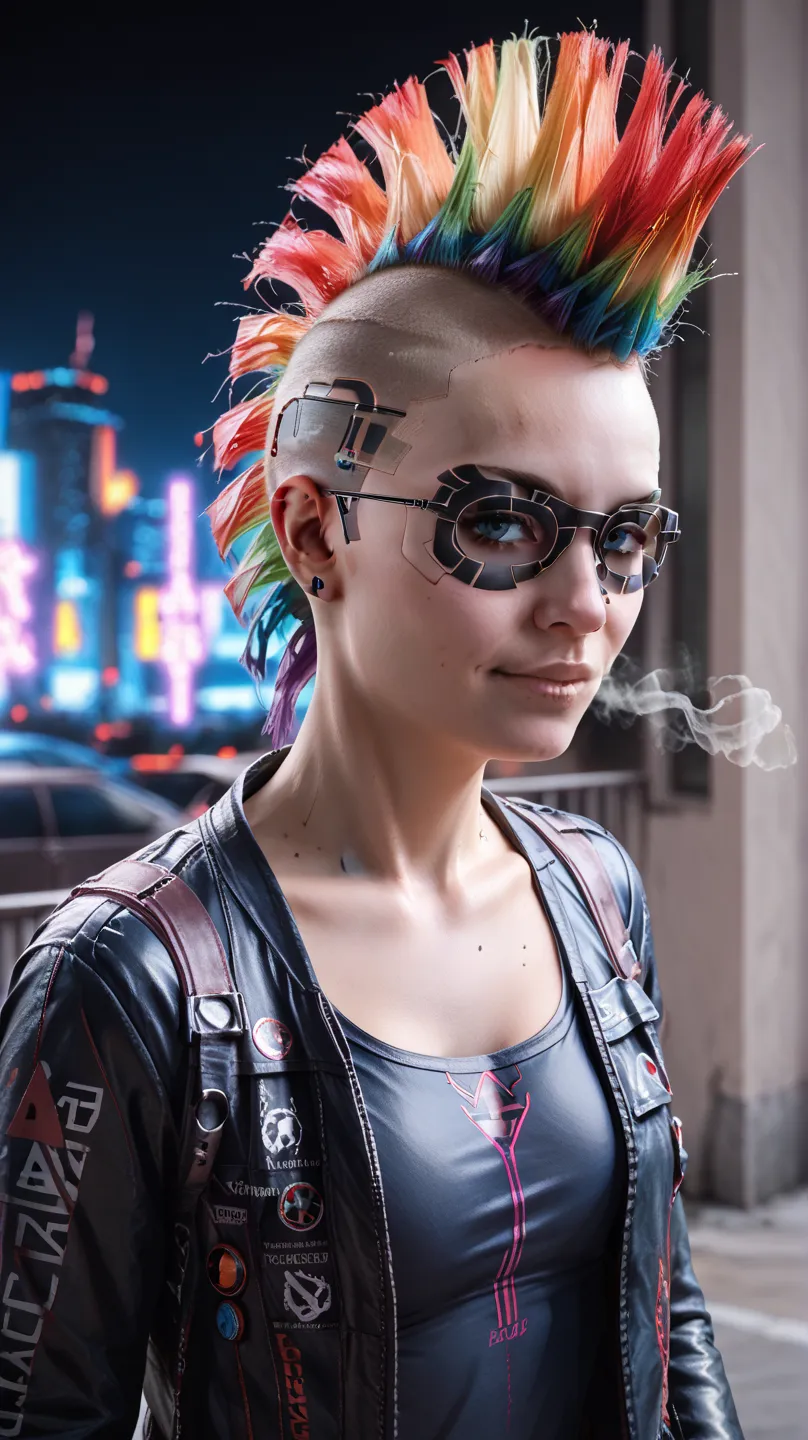 1 girl, rainbow mohawk, petite slim body, maori, light brown skin tone, cyberpunk athletic clothing, cyberpunk netrunner, cybernetic implants, detailed face, octane render, highly detailed, 8k, photorealistic, cinematic lighting, dramatic atmosphere, gritt...