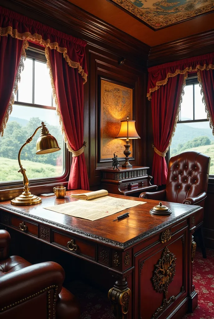 create image A luxurious train carriage converted into an elegant vintage office. The interior features a polished mahogany desk with intricate carvings and slightly weathered details. On the desk, there is an antique inkwell, scattered aged papers, and a ...