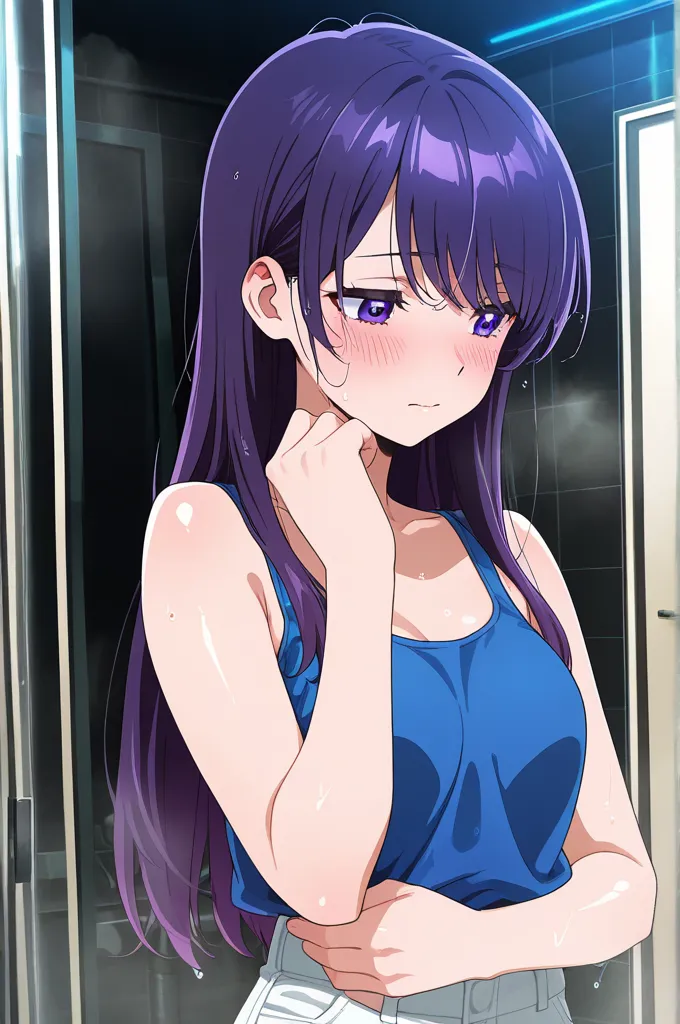 masterpiece, best quality, amazing quality, Solo, upper body, tired expression, hands on hem of tank top, thin, Girl with purple eyes, purple hair, long hair, swept, bangs, bathroom, steam from shower, deep in thought, thin, taking off blue tank top, white...