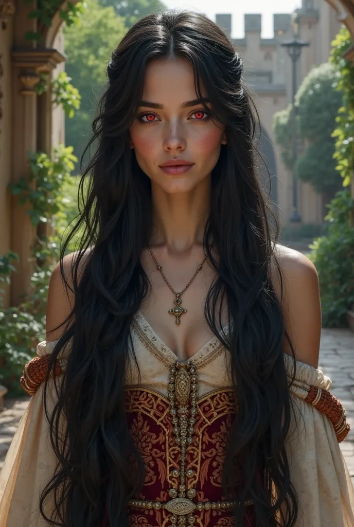 Girl from medieval era in around age 24 years old with long black hair and red pupil eyes with height of 170cm