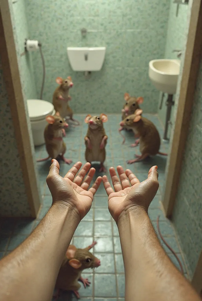 Make the image of several mice in the bathroom and in front of you in the first person you have two arms and one hand