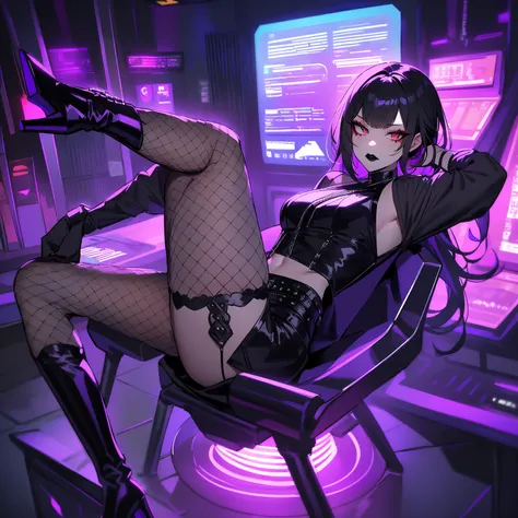 A goth anime girl sitting confidently and provocatively on a Futuristic chair. She has long black hair with silver highlights, intense red eyes and striking makeup, including black lipstick and dramatic eyeliner.  Her clothes are bold : a short leather top...