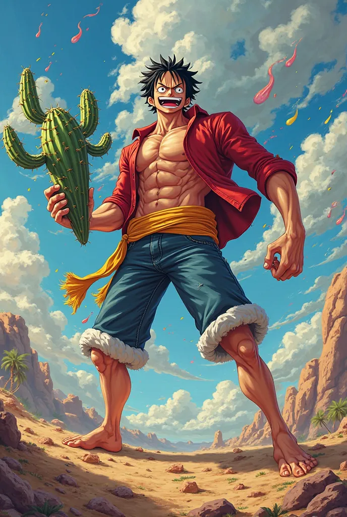 A Luffy Gear 5 holding a cactus 