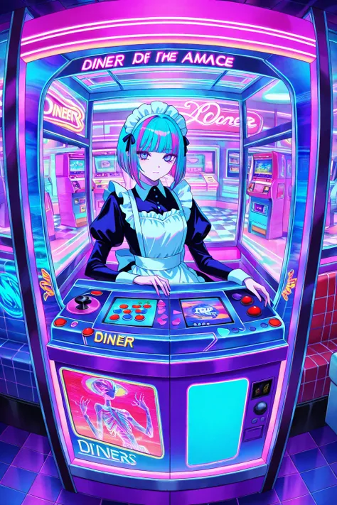 cool beauty, gradation color hair, slender body, rest , maid exotic fashion, diner, neon color, Vaporwave, girl inside the glass box, High  resolution, arcade game  machine,