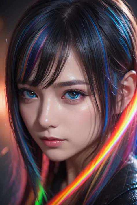 {{Masterpiece}},  best quality ,  Highly Detailed CG Unity 8K Wallpaper,  Cinematic Lights,  lens flare ,  beautiful detail eyes , black,  Sideways glance,   multi colored hair,  colorful  light, particle, Heterochromia, ( colorful :1.5), ( colorful  hair:...