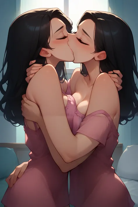 Sexy and cute girl with long straight black hair with glasses wearing an off shoulder nightgown kissing and making out passionately with a shirtless boy on the bed, boy on top of girl, intimate, sexy