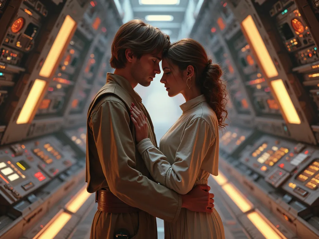 Star Wars, young Luke Skywalker and Leia Organa, kissing, spaceship