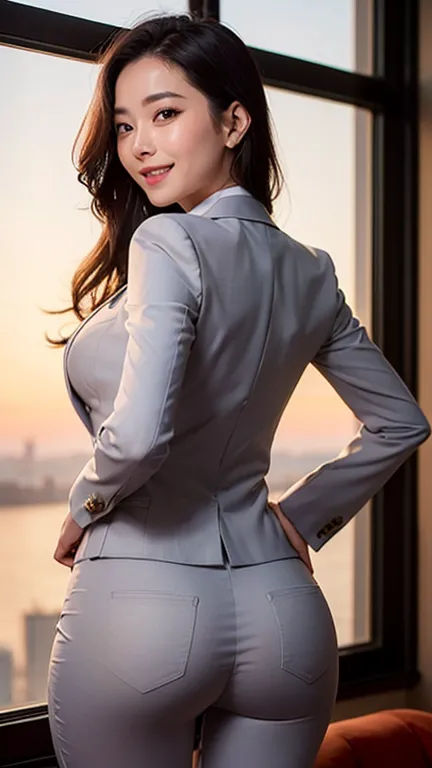 (  top quality, 8k, 32K,     masterpiece   ,     Ultra High Definition  :1.2),    mischievous girl  ,    Cute Japanese   ,    waistline , grey  suit,    office lady who hangs her chest from her back overlaps with the sunset ,  suit,     office room, I put ...