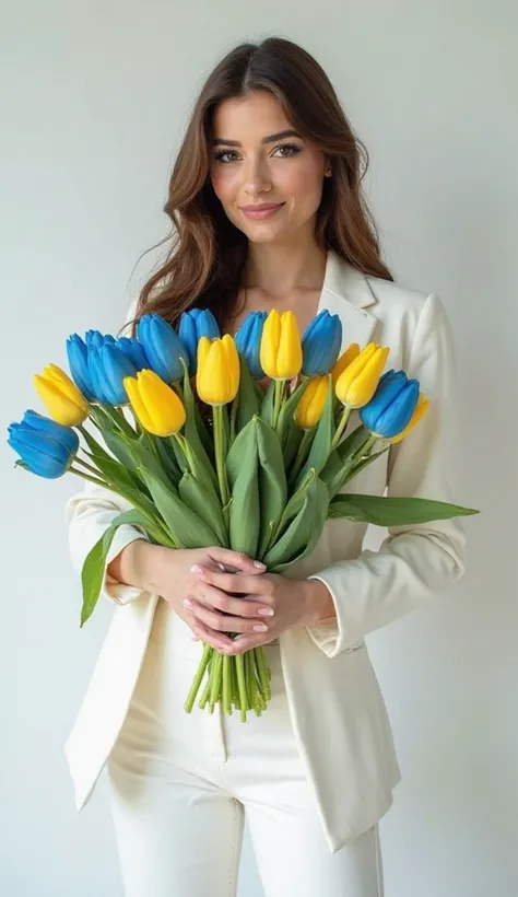 A brunette European-looking model with a light smile with beautiful makeup is standing in a white pantsuit and holding a large bouquet of bright blue and yellow tulips on a light background 