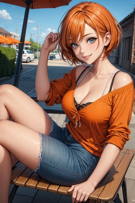 1woman, short hair, lively eyes, smile, casual clothes, summertime, orange