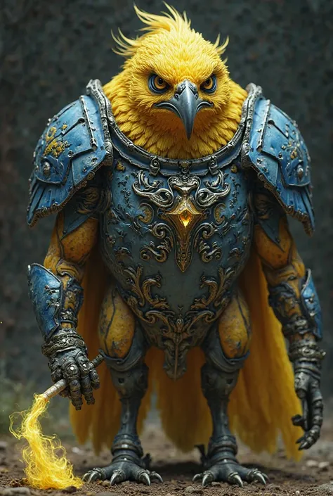 Realistic tattooed yellow hybrid canary, 3d strong blue steel armor with angry face, holding yellow smoke stick in hand