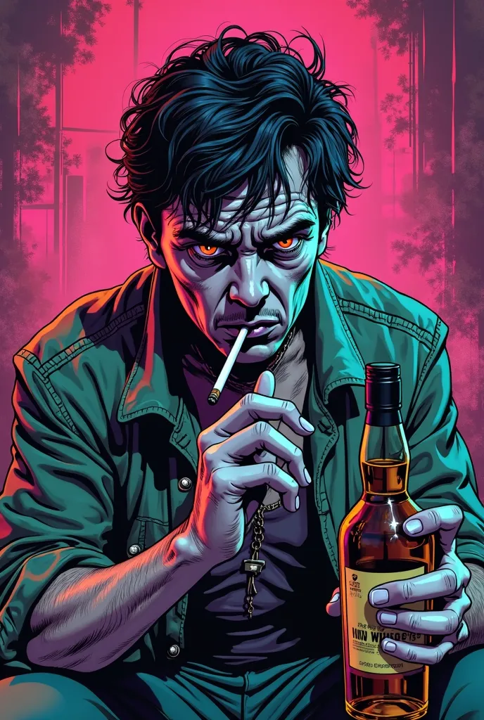 American comic book style、1990s、neon。Alcohol heals me, but、alcohol is not medicine。I mean I'm just an alcoholic。Dark circles under eyes、holding a cigarette in your mouth。sweat。and a bottle of whiskey in my hand。Throwing pose