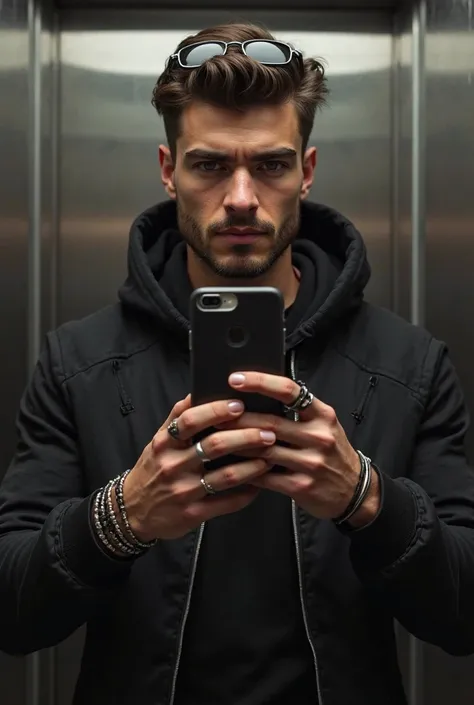 HYPER REALISTIC A YOUNG MAN'S ITALIAN-STYLE HAIRSTYLE WITH SHINE AND FLAWLESS BROWN FINISH , light textured skin  ,brown eyes,well-trimmed mustache ,  soft smile,  Seductive look, athletic body,soft and natural lighting, is taking a selfie in an elevator o...