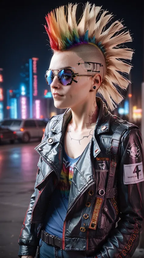 1 girl, rainbow mohawk, petite slim body, maori, light brown skin tone, cyberpunk leisurewear athletic clothing + mirrorshades + urban flash jacket, cyberpunk netrunner, cybernetic implants, detailed face, octane render, highly detailed, 8k, photorealistic...