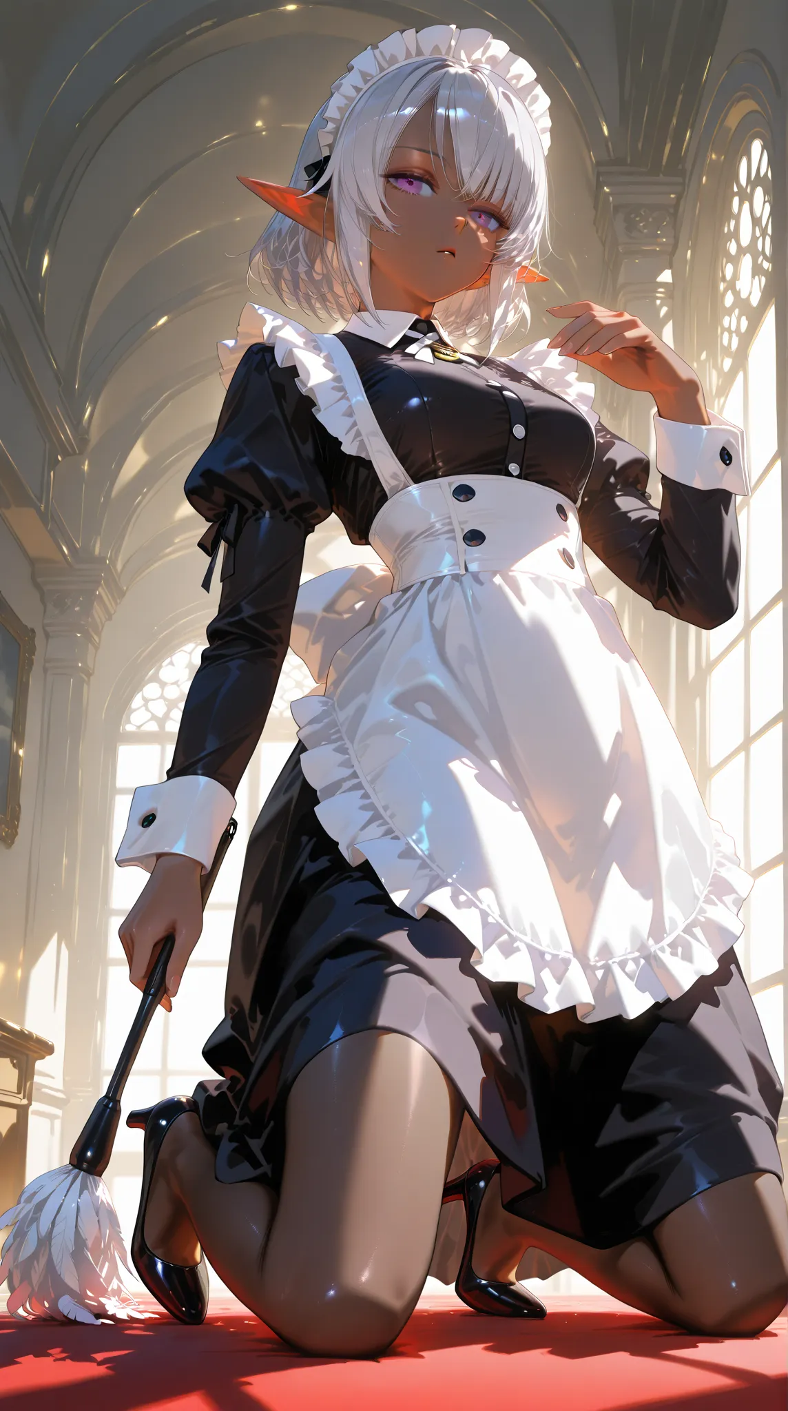 (A dark elf maid:1.3), (solo:1.4), (one character:1.4), short silver hair, purple eyes, dark skin, wearing a detailed classic maid outfit, black tights, high heels, holding a feather duster, cleaning in a luxurious mansion, emotionless expression, calm and...