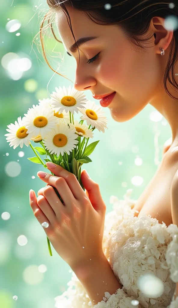 Whispers of romance surround a quiet moment. A woman's hands gently hold a bouquet of daisies as she inhales their sweet scent. A soft focus close-up captures her gentle smile and closed eyes against a pastel melon green background that radiates warmth and...