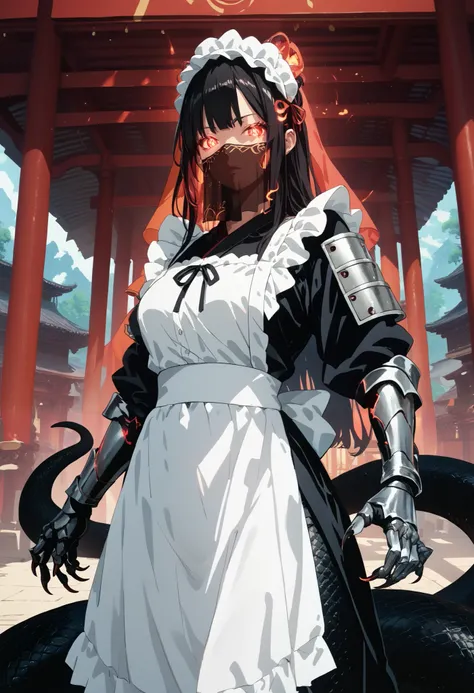 Lamia-style girl. Black snake body. Black straight hair. Face veil. Japanese maid outfit. Armored hand.. Spiky. Red glowing lines. Sharp claws. Glowing eyes. Cat pupils. Japanese-style architecture.