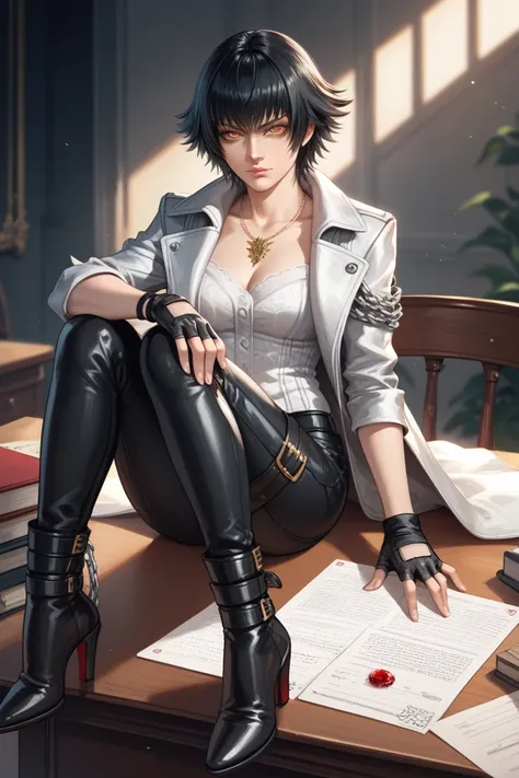 In the anime style of Devil May Cry, a 16-year-old girl with long black hair styled in a braid and golden eyes dressed in a coat similar to that of Vergil's long closed black with gold details, black pants with two straps on the left leg, black high heel b...