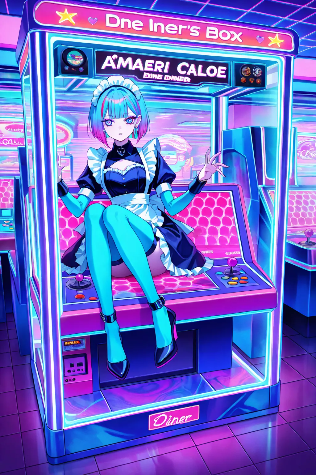 cool beauty, gradation color hair, slender body, rest , maid exotic fashion, diner, neon color, Vaporwave, girl inside the glass box, High  resolution, 1 arcade game  machine,