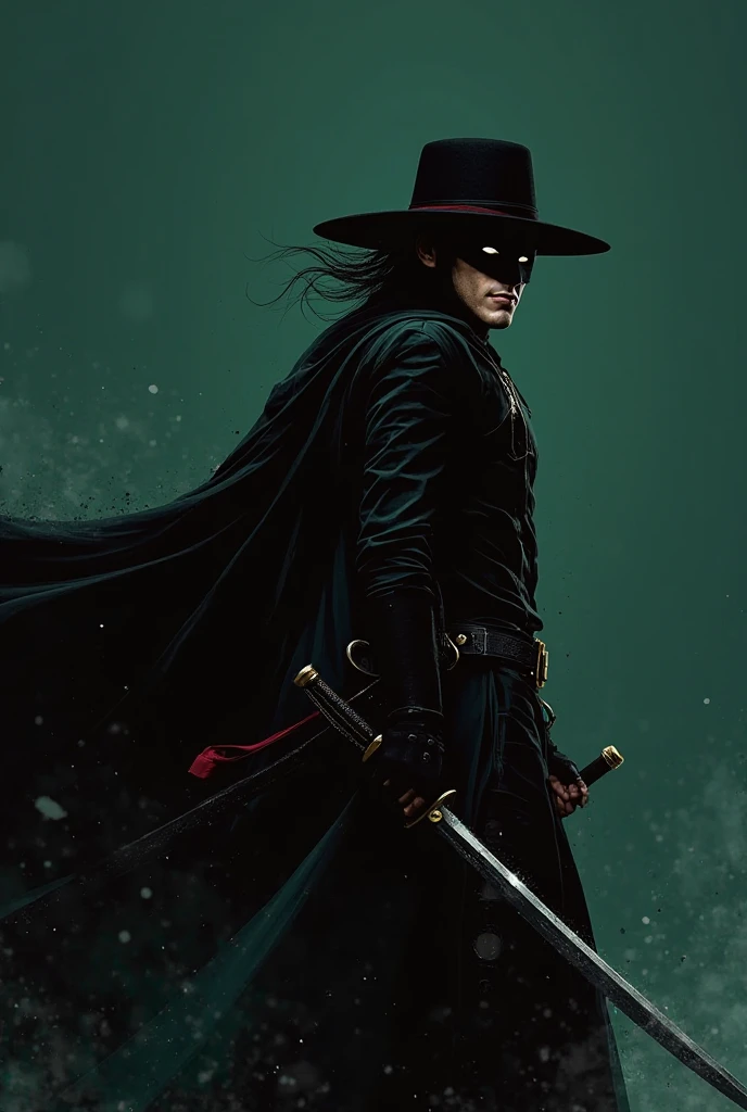 They rang Zorro stopping while looking to the right and his background is green, simple and dark, and the sword is clearly visible