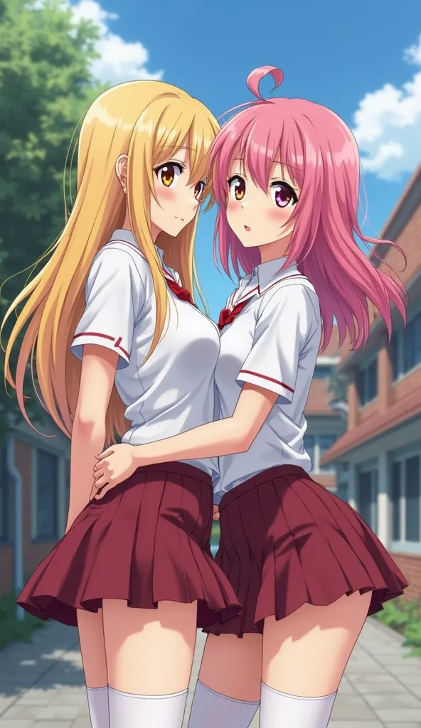 Anime two sexy schoolgirls posing sensually, one with blonde hair and one with pink hair, white shirt, short sleeves, shirt open on the breasts, big juicy breasts like balloons, big buttocks, big hips, big thighs, dark red pleated miniskirt, white stocking...