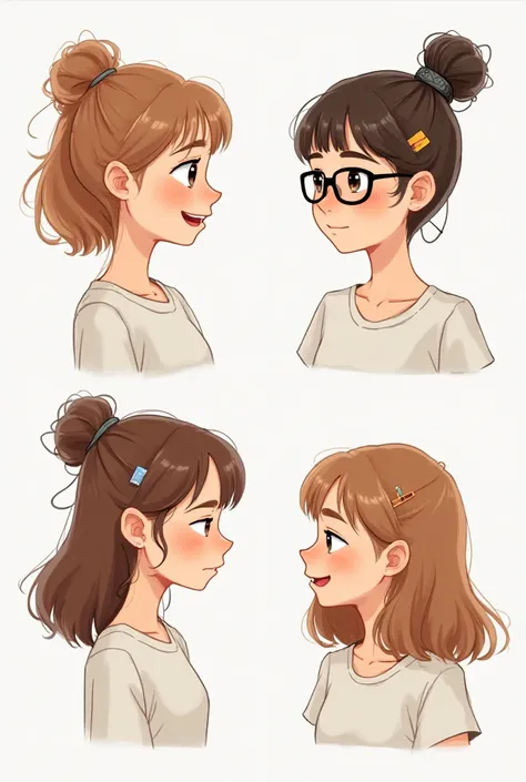 Pixar-like drawings of girls with their hair tied up with a hairpin and glasses and another with their hair down and a hairpin and another girl with half-tied hair and another girl with loose hair with rules 