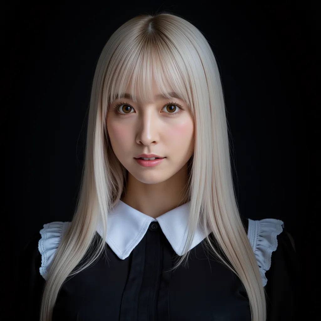 white blond long hair、 hairstyle is straight、black maid outfit、