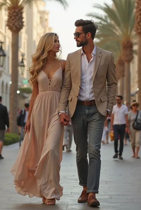 Créer une photo réaliste de très bonne qualité d’une jeune femme, Blonde with the square hair, yeux verts, type top model, with her husband , A handsome brown, dark supermodel type, Walking the streets of Dubai, main dans la main