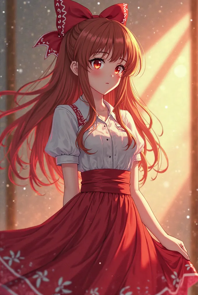 red skirt and white shirt,  animated illustration inspired by Li Chevalier,  fixative, Renaissance ,  Anime Best Girl , Anime girl taking pictures in anime style like Fate/stay night,  Lori in a dress,  cute girl anime visual ,  An anime girl named Lucy , ...