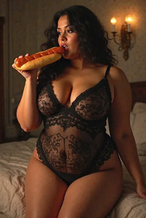 Create a sexy fat girl dressed in transparent black lingerie eating hot dog bread 