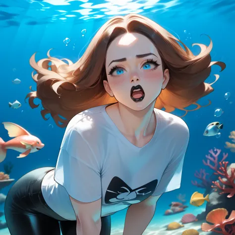 Brown Hair, Female, Mermaid, Blush, Mouth open, Nervous, Blue eyes, Black T-Shirt, Black pants, Black lipstick, Underwater_setting