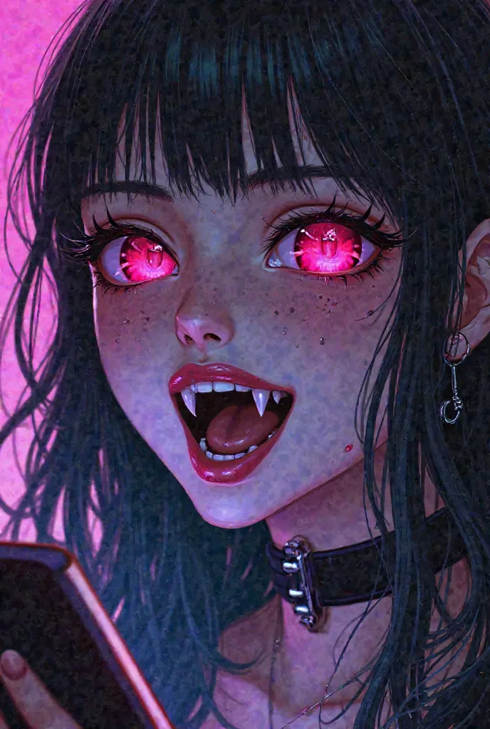 a close up of a person with a cell phone, sharp fangs, beautiful cyberpunk girl face, sharp vampire teeth, wearing spikes and piercings, cyberpunk femme fatale, perfect teeth, sharp and pointy vampire teeth, two fangs, metal teeth, very sharp vampire fangs...