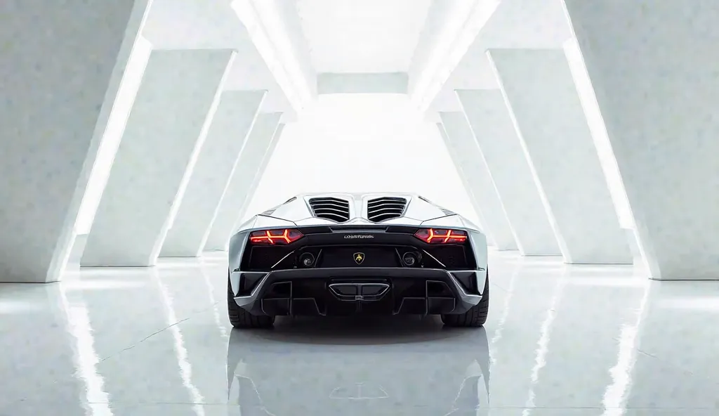 A captivating image of 2025 Lamborghini Aventador taking center stage in a luxurious white showroom. The futuristic, vibrant Silver  color Sleeexterior gleams, showcasing its sleek, aerodynamic design and bold accents. The  Back  view highlights the cuttin...