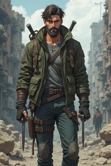 I want an anime-style character that is 18 year old male, height of 1.80, dark brown short hair and goat beard, mercenary clothes and have daggers like weapons