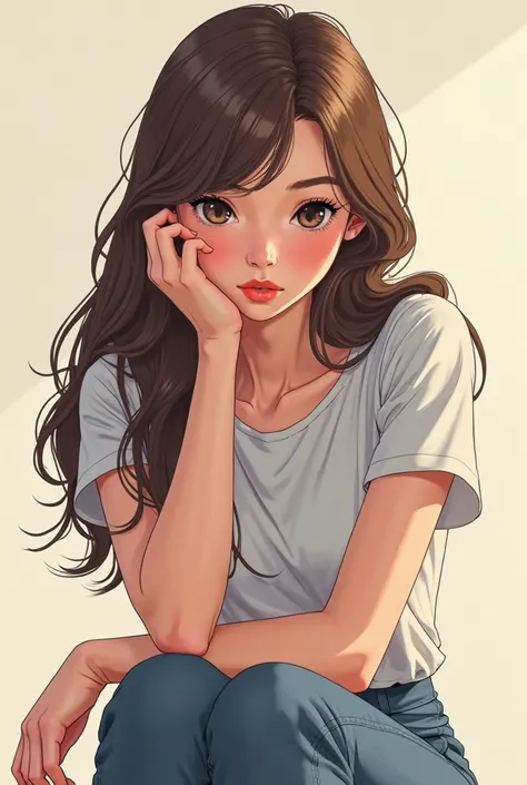 An elegant young woman with long, wavy brown hair, large expressive eyes, and a melancholic expression. Her face conveys deep emotion and introspection, with slightly furrowed brows and downcast eyes. She is wearing a simple yet stylish fitted t-shirt, giv...