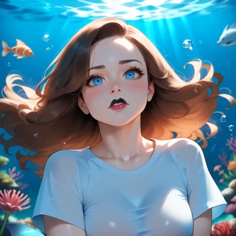 Brown Hair, Female, Mermaid, Blush, Mouth open, Nervous, Blue eyes, Black T-Shirt, Black lipstick, Underwater_setting, adult